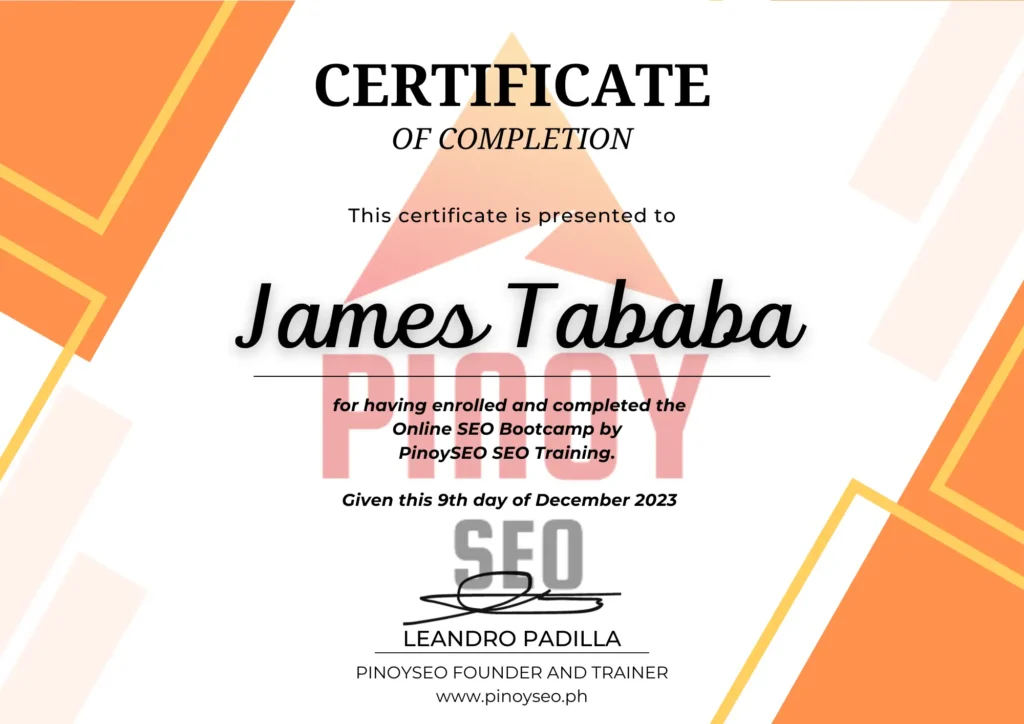 Pinoy SEO Certificate for James Tababa, SEO Specialist in the Philippines